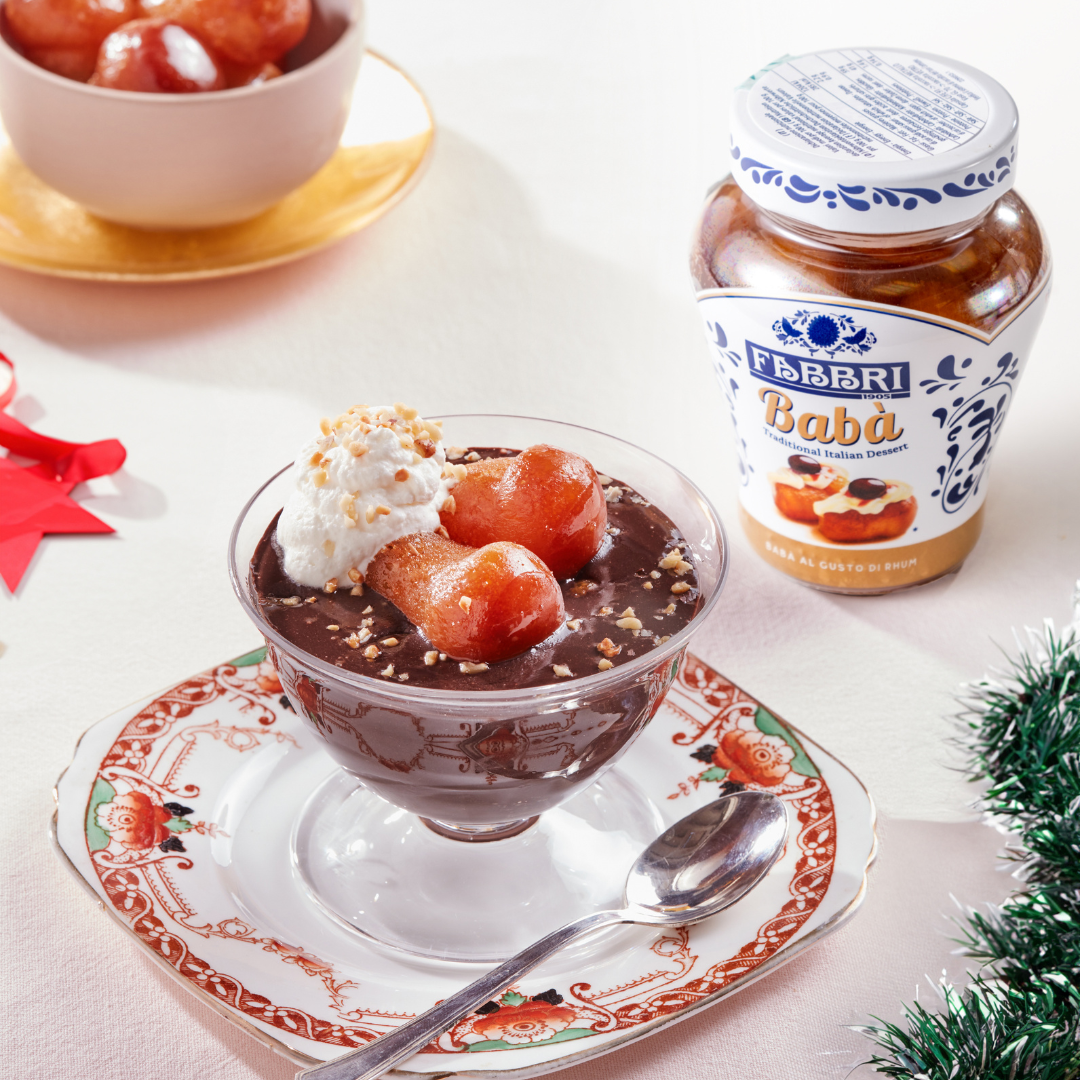 Chocolate custard with Fabbri Babà and whipped cream